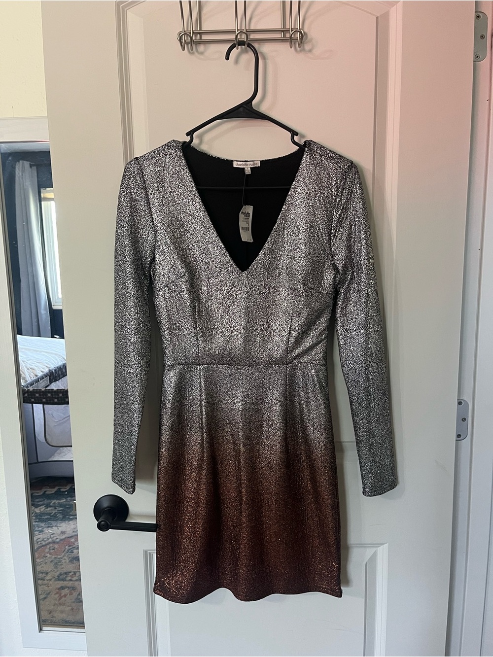 Charlotte Russe Silver to Bronze Ombre V‑Neck Long Sleeve Dress